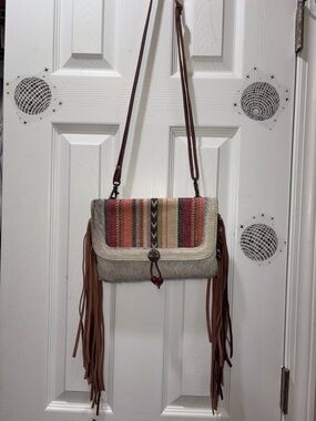 Fringed Southwestern Stripe Crossbody Bag in Brown and Cream